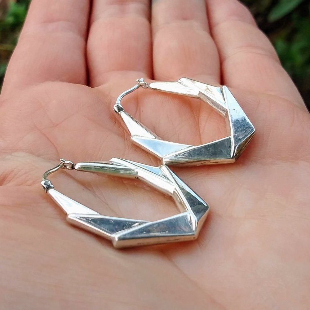 Sterling Silver Art-Deco Hoop Earrings